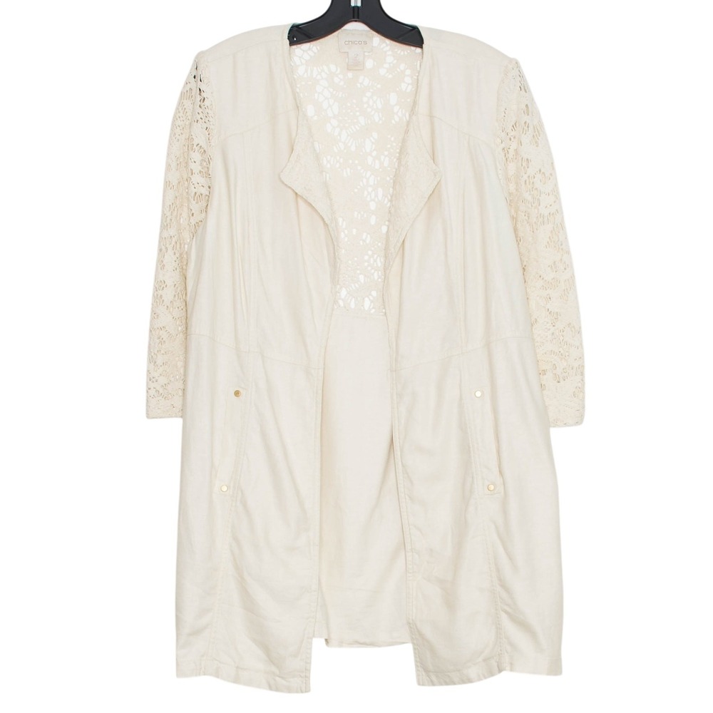Chicos Linen Lace Duster Cardigan Open Boho Cottage Cream 3/4 Sleeve 2 Large 12